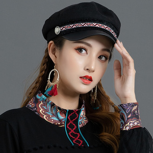 2020秋冬新款民族风帽子女复古刺绣毛呢保暖百搭贝雷帽复古鸭舌帽