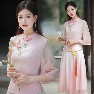中国风女装2023夏季少女年轻款时尚复古绣花唐装旗袍上衣茶服套装
