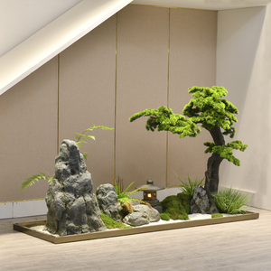 室内摆件组合楼梯下造景轻奢高档假山小石头仿真绿植装饰大型落地
