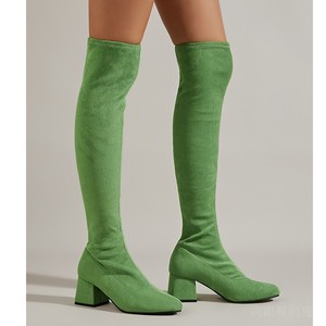 靴子长靴女粗跟高跟鞋单里欧洲站时尚绿色绒面单里欧美风秋瘦瘦靴