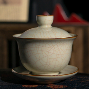 中式汝窑米黄三才盖碗家用陶瓷天青泡茶杯月白敬茶碗开片可养礼品
