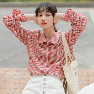 格子衬衫女喇叭袖荷叶边学生