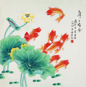 凌雪字画手绘四尺斗方荷花金鱼图办公室公司装饰名人字画国画收藏
