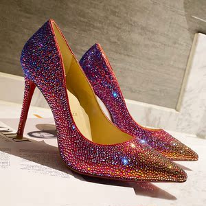 渐变色满钻时尚cl全水钻面rv网红红底高跟鞋sw婚鞋rc单鞋女仙女鞋