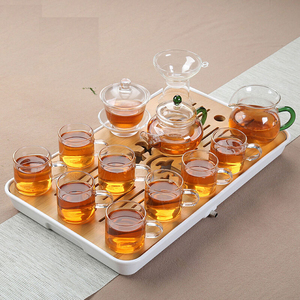 耐热透明玻璃茶具整套功夫茶杯过滤套装家用简约竹制茶盘茶道组合