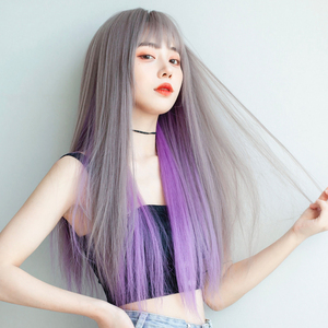 假发女长发彩色挂耳染紫色挑染自然仿真长直发时尚潮酷仿真全头套