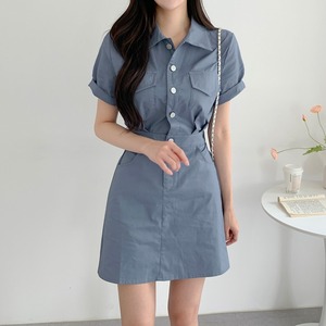 韩国chic夏季法式小个子气质纽扣半开领工装衬衫连衣裙A字短裙子