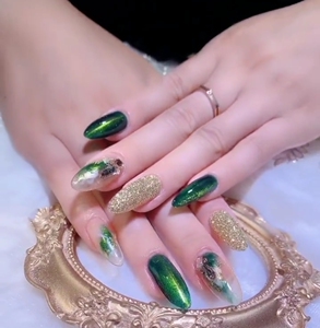 沄凰手工美甲成品孔雀绿猫眼宝石穿戴甲晕染假指甲贴片光疗甲