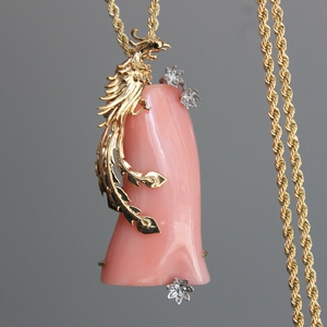 慕鸣珠宝原创凤凰吊坠整块粉色宝石18k黄金镶嵌毛衣链挂坠女款
