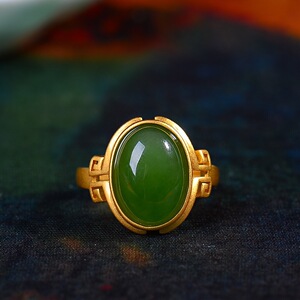 一元拍卖s925纯银镶嵌和田玉碧玉蛋面戒指天然玉石阳绿指环带证书