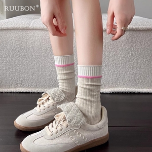 日本代购RUUBON米白色小腿袜女春秋棉堆堆袜甜美短袜子条纹中筒袜