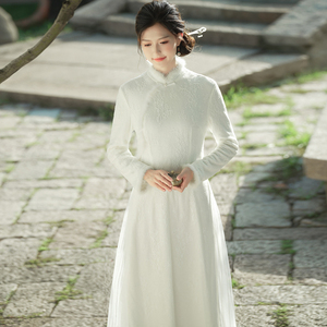 清仓 元夕秋冬高端仙女年轻款中式国风白色日常奥黛旗袍连衣长裙