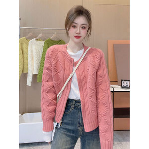 韩版气质拉链长袖粉色针织开衫女春秋季新款时尚短款毛衣外套上衣