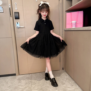 女童夏季短袖连衣裙新款黑色裙子中大童韩版蕾丝花边公主裙网纱裙