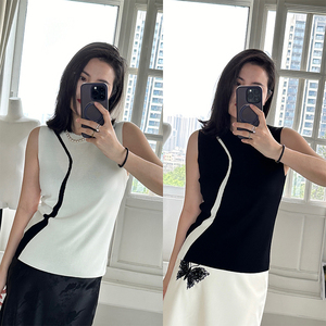 JanZhang2024夏季新款显瘦黑白撞色几何线条冰丝针织背心马甲上衣