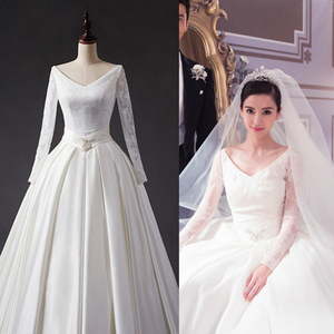 angelababy同款婚纱2022新款双肩v领拖尾简约缎面长袖婚纱可定制
