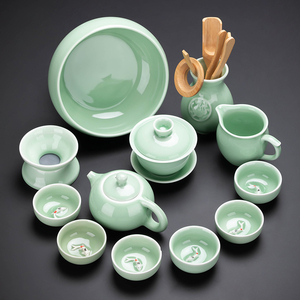 青瓷功夫茶具套装家用整套陶瓷茶壶盖碗茶杯带鲤鱼杯泡茶器品茗杯