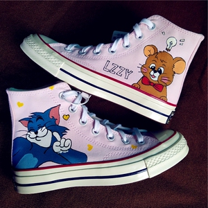 匡威涂鸦帆布鞋男女粉红色猫和老鼠联名卡通图片情侣款手绘鞋定制