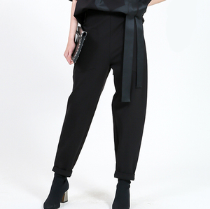 欧e专柜正品女装2021秋季装长裤直筒口袋高腰休闲纯色哈伦裤子女
