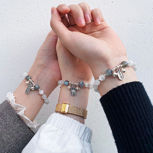 灰月光猫眼石手链女生平安喜乐逢考必过闺蜜手链三人纯银铃铛转运