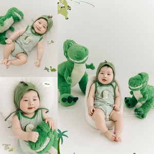 儿童摄影服装绿色条纹恐龙宝宝百天照周岁照拍照服装主题道具