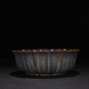 宋钧窑建中靖国款窑变玫瑰紫釉刮楞碗葵口碗古董古玩古瓷器