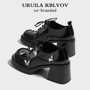 URUILA RBLVOV 小皮鞋女2024新款秋冬粗跟高跟鞋百搭蝴蝶黑色单鞋