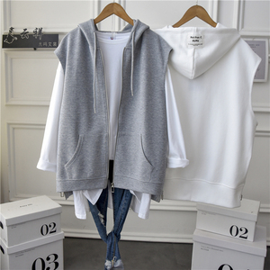 欧货宽松灰色连帽马甲外套女卫衣春秋2022新款设计感坎肩马甲上衣