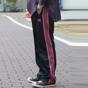 老夫子 needles 粉紫色 蝴蝶刺绣男女运动长裤复古百搭ootd 织带
