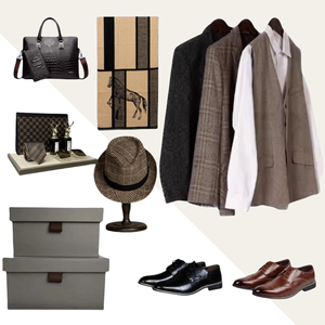 简约现代样板房衣帽间软装摆件男士衣服西装皮鞋包包饰品组合套装