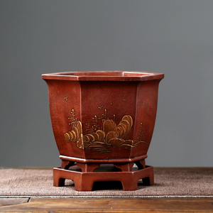 台湾回流紫砂花盆全手工泥绘紫砂花盆六方套盆兰花盆君子兰