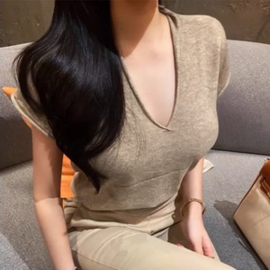 韩国东大门新款简约V领修身显身材性感气质百搭短袖针织衫上衣女