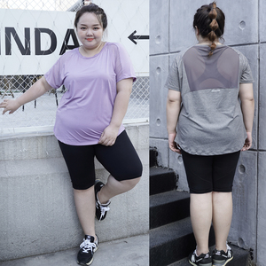 大码瑜伽服女胖mm显瘦健身t恤速干衣后背性感跑步短袖运动服200斤