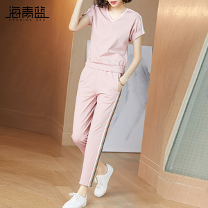 海青蓝时尚运动休闲套装女年春夏新款粉色短袖长裤子两件套