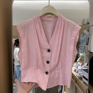 韩系V领纯色气质棉麻衬衫女夏季新款小众宽松设计感无袖衬衣上衣