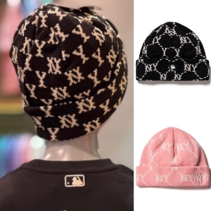 mlb针织帽老花满标儿童芭比家韩国直邮新款粉色标秋季黑色毛线帽