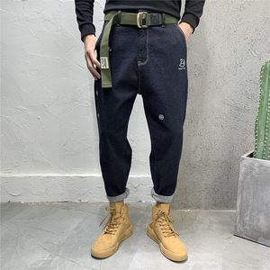 加厚多刺绣美式休闲牛仔裤男士冬季新款棉弹质感宽松小脚哈伦长裤