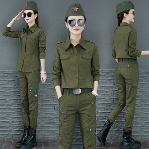 春秋季新款水兵舞演出服女套装韩版修身显瘦迷彩军绿衬衫长袖上衣