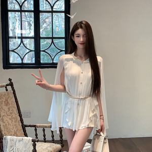 FairyJiang夏季新款白色斗篷披肩雪纺衬衫女设计感收腰衬衣含腰带