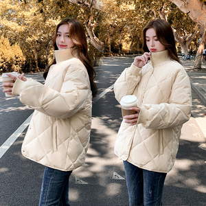 冬季羽绒棉衣女韩版菱格立领小个子外套短款宽松显瘦加厚棉袄纯色