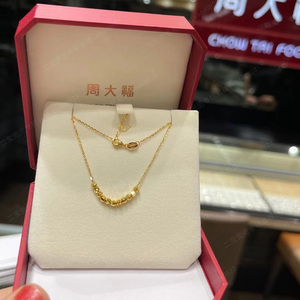 香港周大福微笑项链足金999黄金吊坠锁骨链正品套链几何小方块女