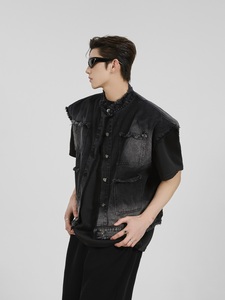 夏季韩国网红毛边设计感牛仔马甲男韩版网红复古做旧水洗高级外套