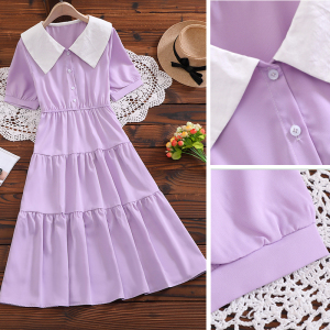 紫色连衣裙夏森系方领收腰显瘦中长款短袖小个子a字蛋糕裙初恋裙