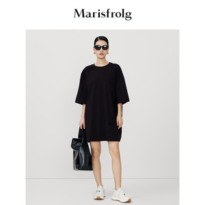 【新能量黑裙】玛丝菲尔夏季新款黑色圆领简约休闲T恤连衣裙