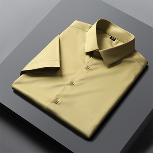 夏季冰丝短袖衬衫男商务免烫鹅黄土黄姜黄屎黄色寸衬衣定制绣logo