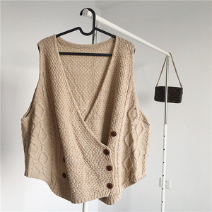 粗棒针大码麻花毛衣背心女外搭针织马甲宽松开衫毛线坎肩无袖外套