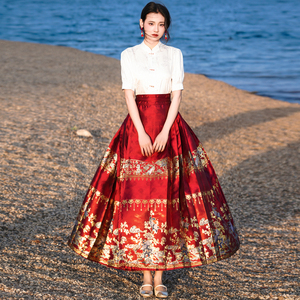 织金红色马面裙上衣改良汉服女成人订婚礼服新款中式日常套装夏季