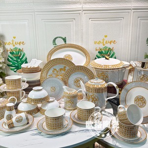 欧式金色马拉车58件餐具套装轻奢骨瓷家庭餐厅盘碗勺碟子乔迁送礼