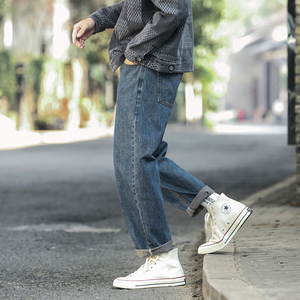 日系复古痞帅刺绣牛仔裤男潮牌春秋季新款宽松直筒休闲长裤阔腿裤