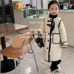 韩版儿童外套初冬新款女童撞色中长款薄棉格纹圆领长袖棉衣